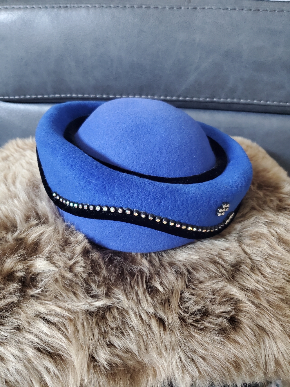 Vintage Blue 100% Wool Felt Pillbox Hat with Rhinestone Trim